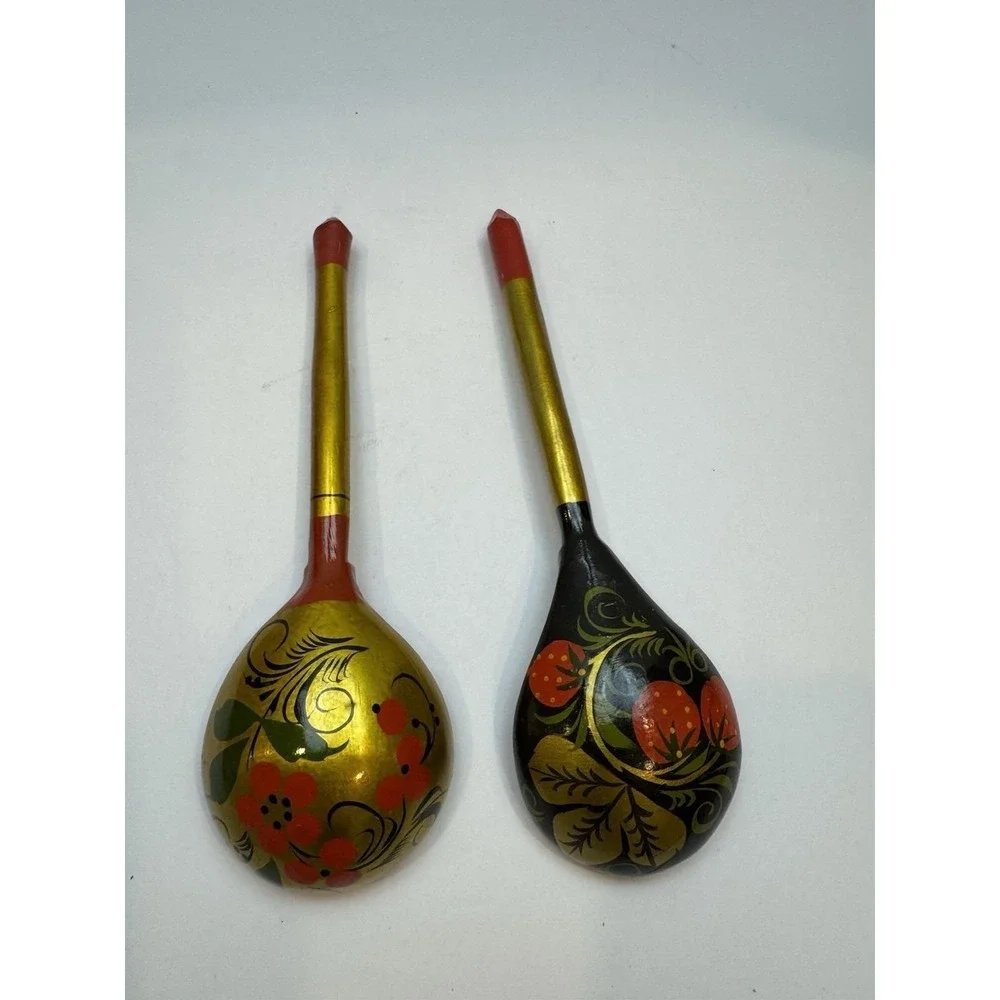 Russian Khokhloma Hand-Painted Wooden Spoons Floral Folk Art Gold Red Black‎